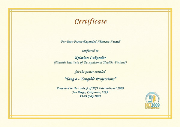 Certificate for Best Poster Extended Abstract Award. Details in text following the image