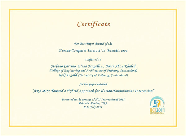 Certificate for best paper award of the Human-Computer Interaction thematic area. Details in text following the image