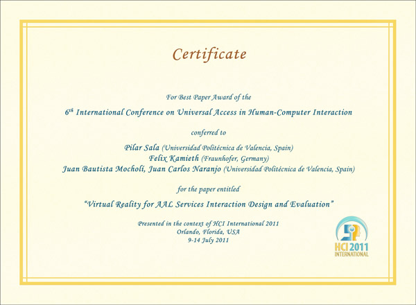 Certificate for best paper award of the 6th International Conference on Universal Access in Human-Computer Interaction. Details in text following the image