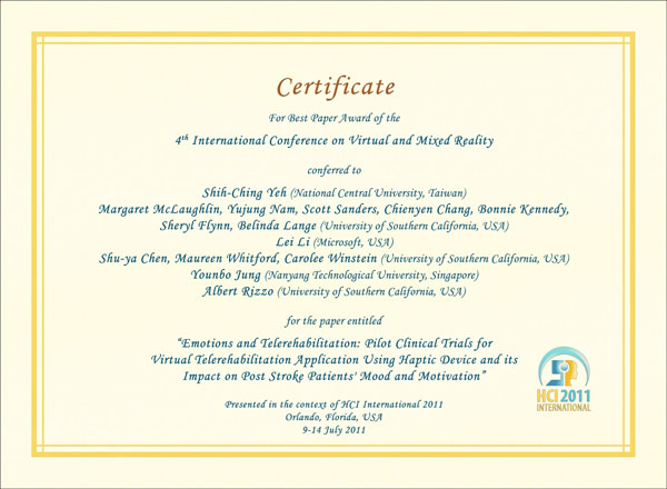 Certificate for best paper award of the 4th International Conference on Virtual and Mixed Reality. Details in text following the image