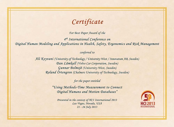 Certificate for best paper award of the 4th International Conference on Digital Human Modeling and applications in Health, Safety, Ergonomics and Risk Management. Details in text following the image
