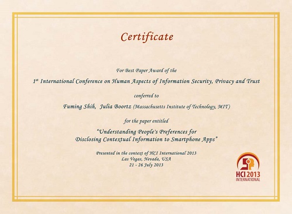 Certificate for best paper award of the 1st International Conference on Human Aspects of Information Security, Privacy and Trust. Details in text following the image