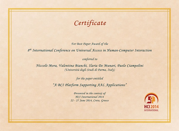 Certificate for best paper award of the 8th International Conference on Universal Access in Human-Computer Interaction. Details in text following the image
