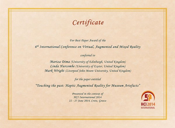 Certificate for best paper award of the 6th International Conference on Virtual, Augmented and Mixed Reality. Details in text following the image