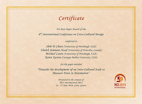 Certificate for best paper award of the 6th International Conference on Cross-Cultural Design. Details in text following the image