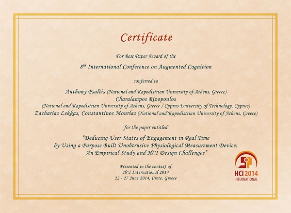 Certificate for best paper award of the 8th International Conference on Augmented Cognition. Details in text following the image