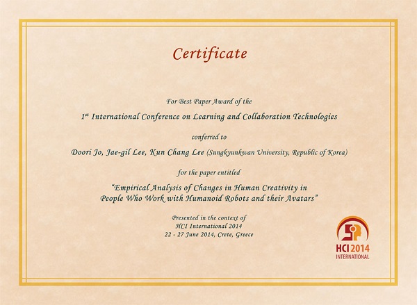Certificate for best paper award of the 1st International Conference on Learning and Collaboration Technologies. Details in text following the image