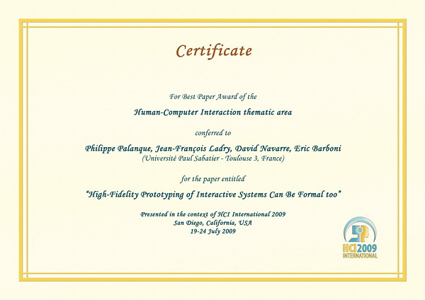 Certificate for best paper award of the Human-Computer Interaction thematic area. Details in text following the image